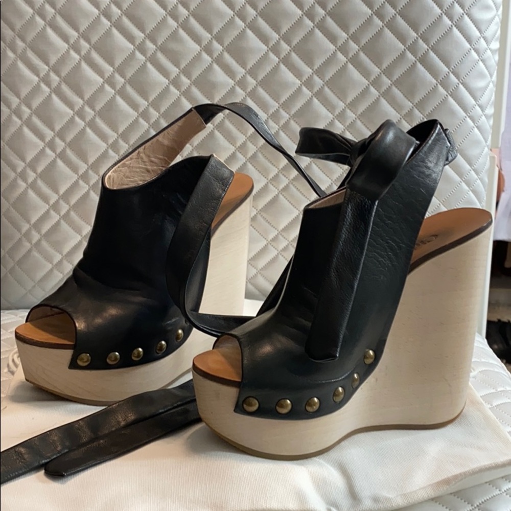 Authentic Chloe wood wedged platform slide